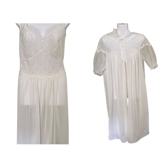 Vintage  Sheer White Nightgown & Robe Set Polka Dot Embroidery & Lace Trim Sz 34 - Picture 1 of 16